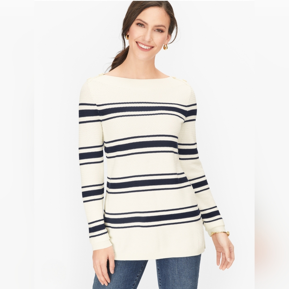 Talbots Basket Weave Women's Long Sleeve Stiped Preppy Sweater Nautical Chic S
